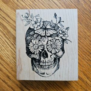 Inkadinkado Floral Sugar Skull Wood Mounted Rubber Stamp Day of the Dead New